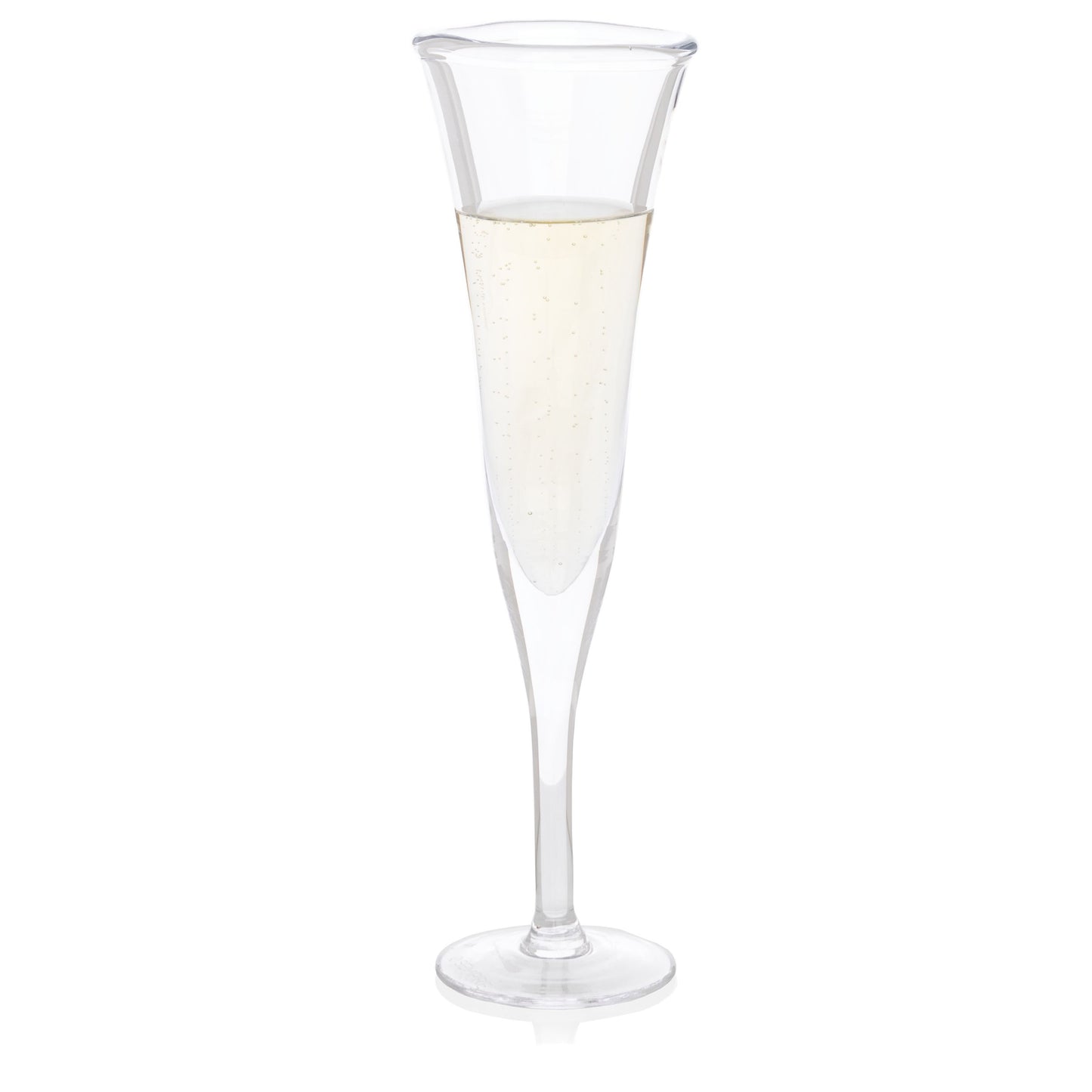 Clear, scissor-cut glass champagne flute with a rippled rim, filled with bubbly champagne.