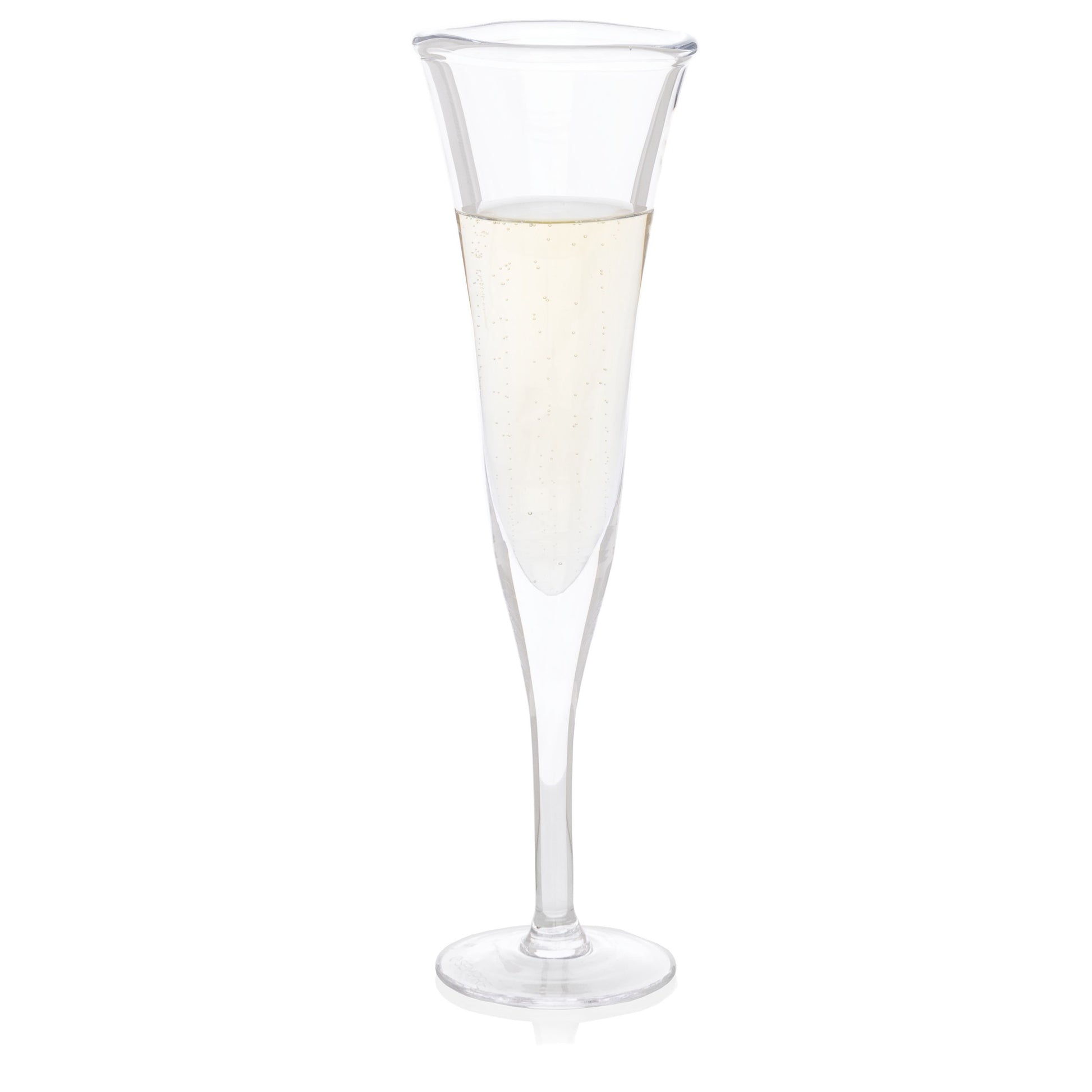 Clear, scissor-cut glass champagne flute with a rippled rim, filled with bubbly champagne.