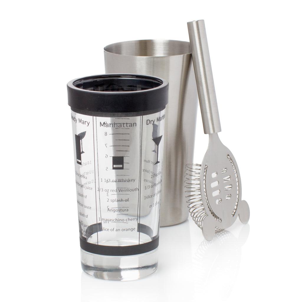 clear cup with cocktail measurements steel shaker and strainer set 