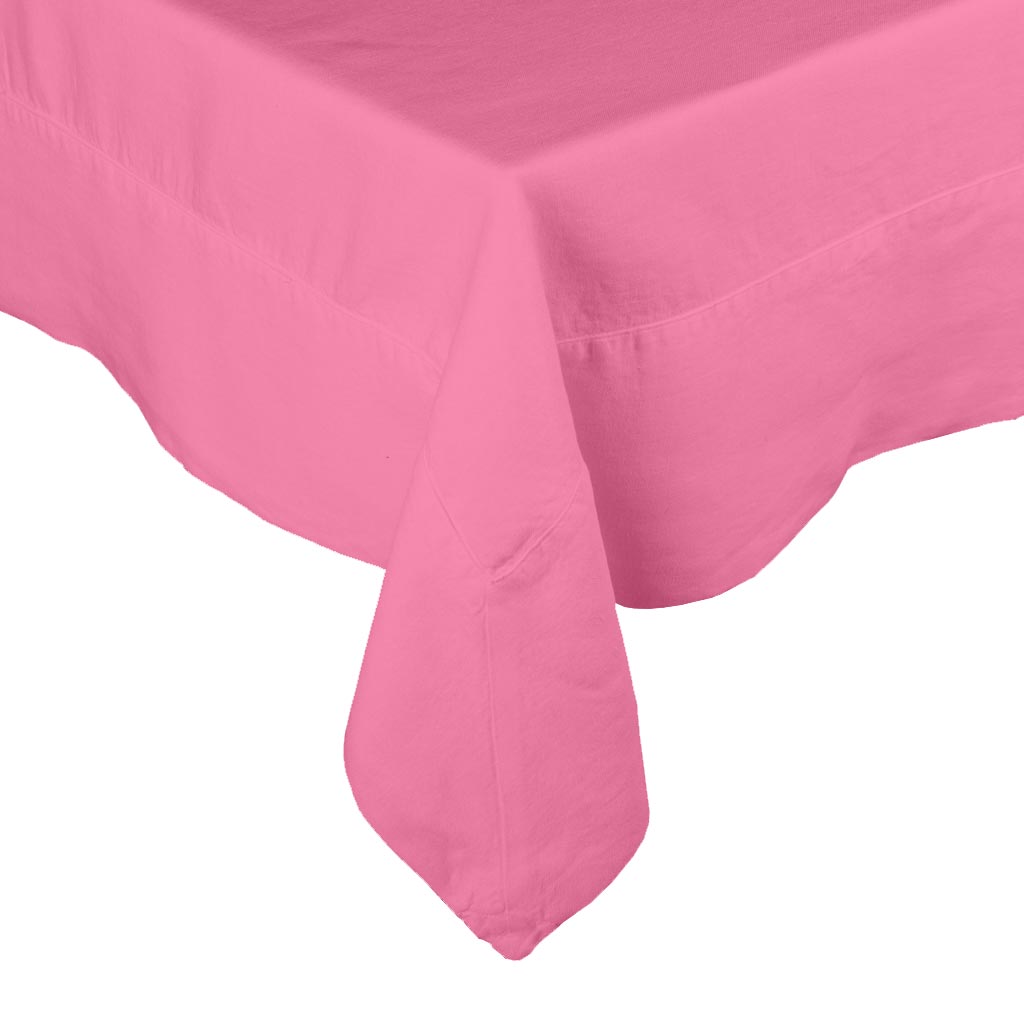 Lily HG Signature hand-dyed pink linen tablecloth with mitered corner detailing.
