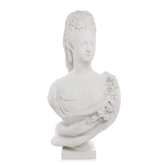 White resin bust of Marie Antoinette in period clothing with roses, on a square base.