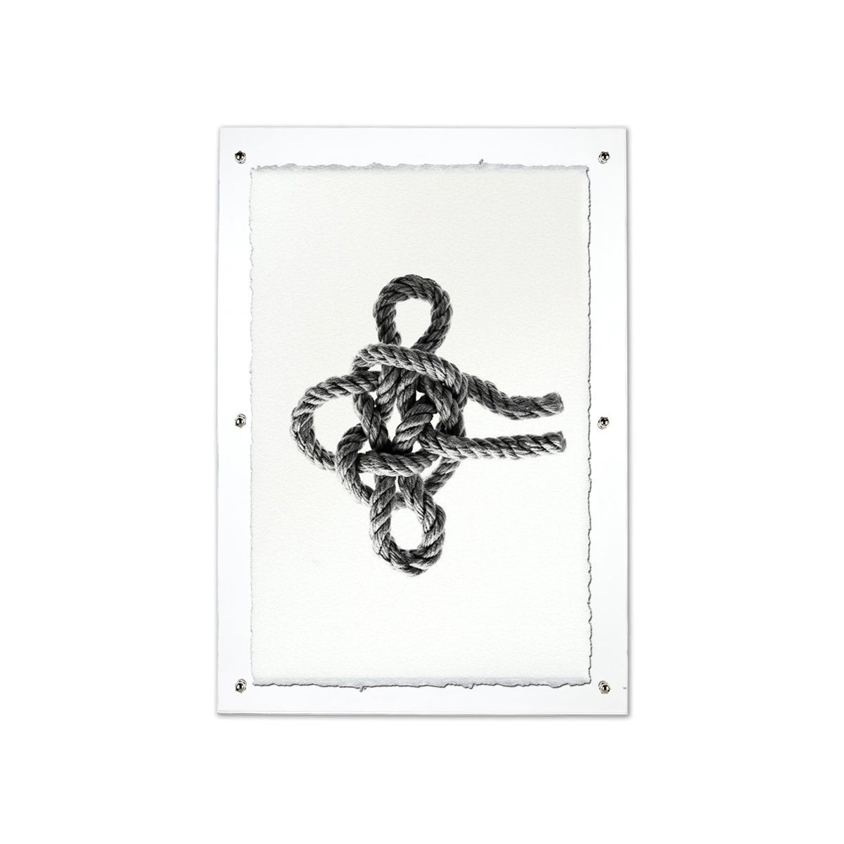 Masthead Nautical Knot wall art print on handmade Nepalese paper, framed with clear acrylic and silver standoffs.