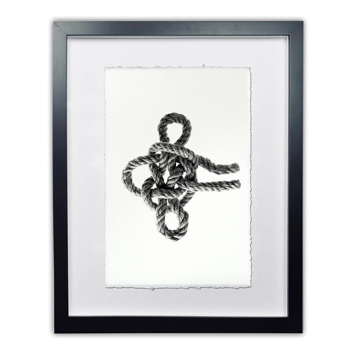 Framed Masthead Nautical Knot print on handmade Nepalese paper, black and white, with a worn look.