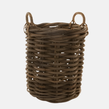 Medium round woven wood rattan basket with two twisted handles.