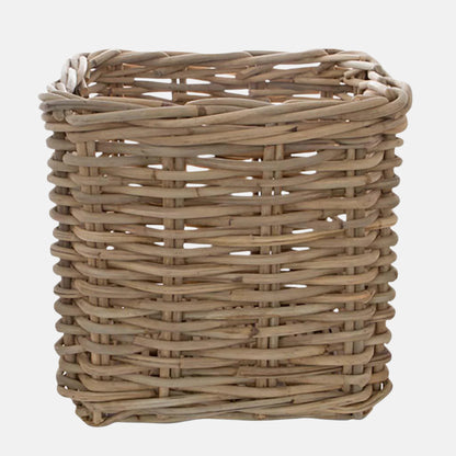 Medium square woven wood planter basket made from natural sandblasted rattan.