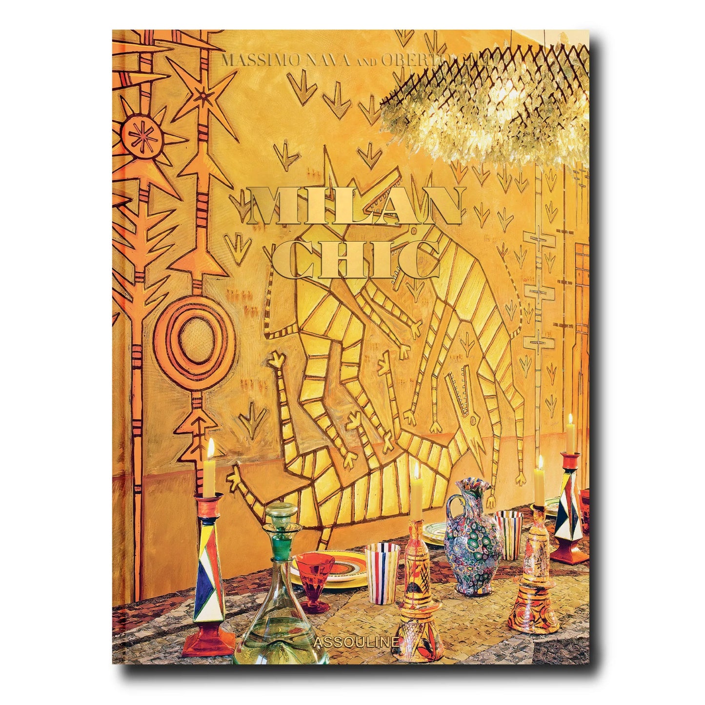 Milan Chic" silk hardcover book with vibrant yellow cover featuring abstract art and a dining scene.