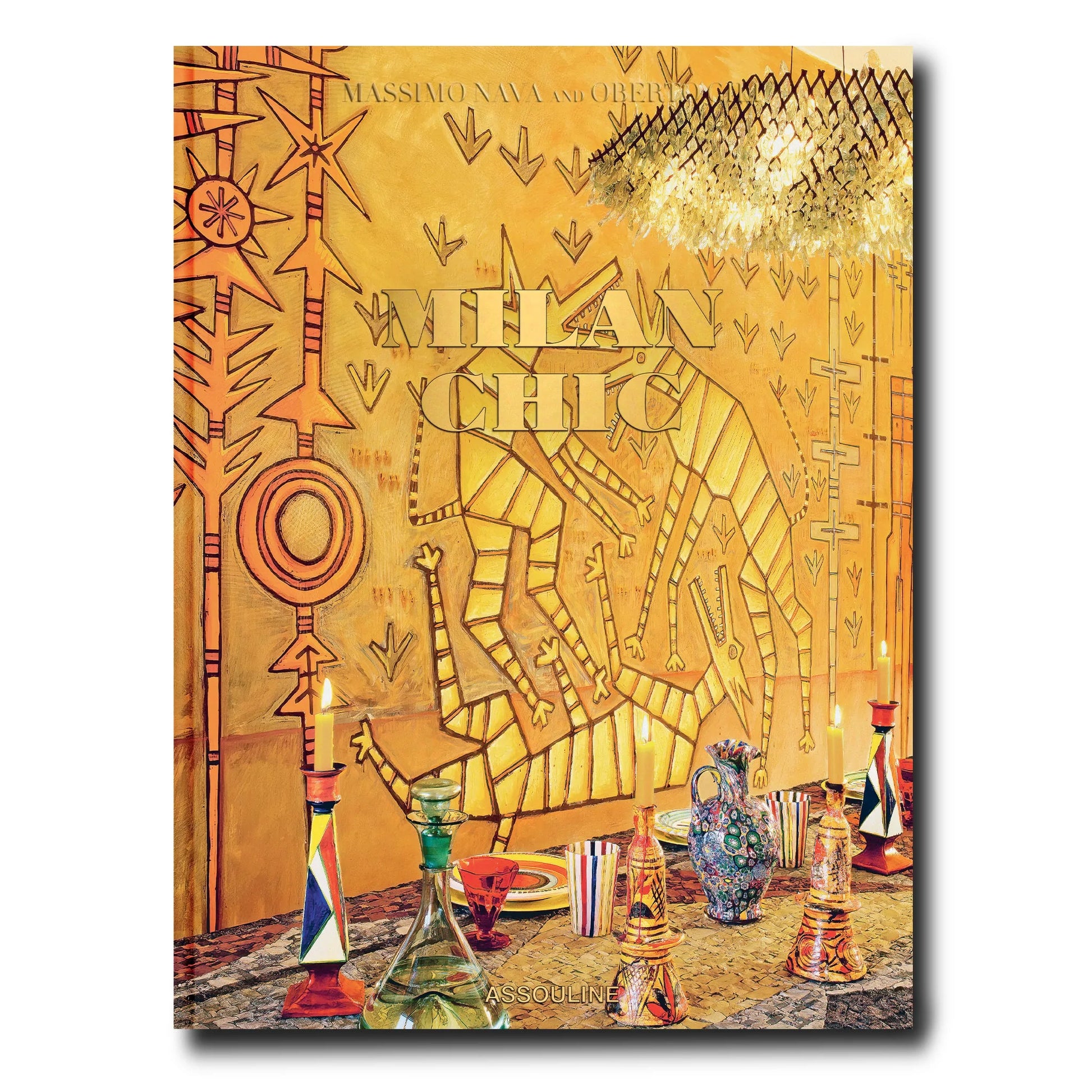 Milan Chic" silk hardcover book with vibrant yellow cover featuring abstract art and a dining scene.