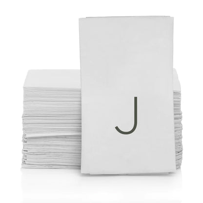 Stack of white 3-ply paper hand towels with a grey monogram letter J.