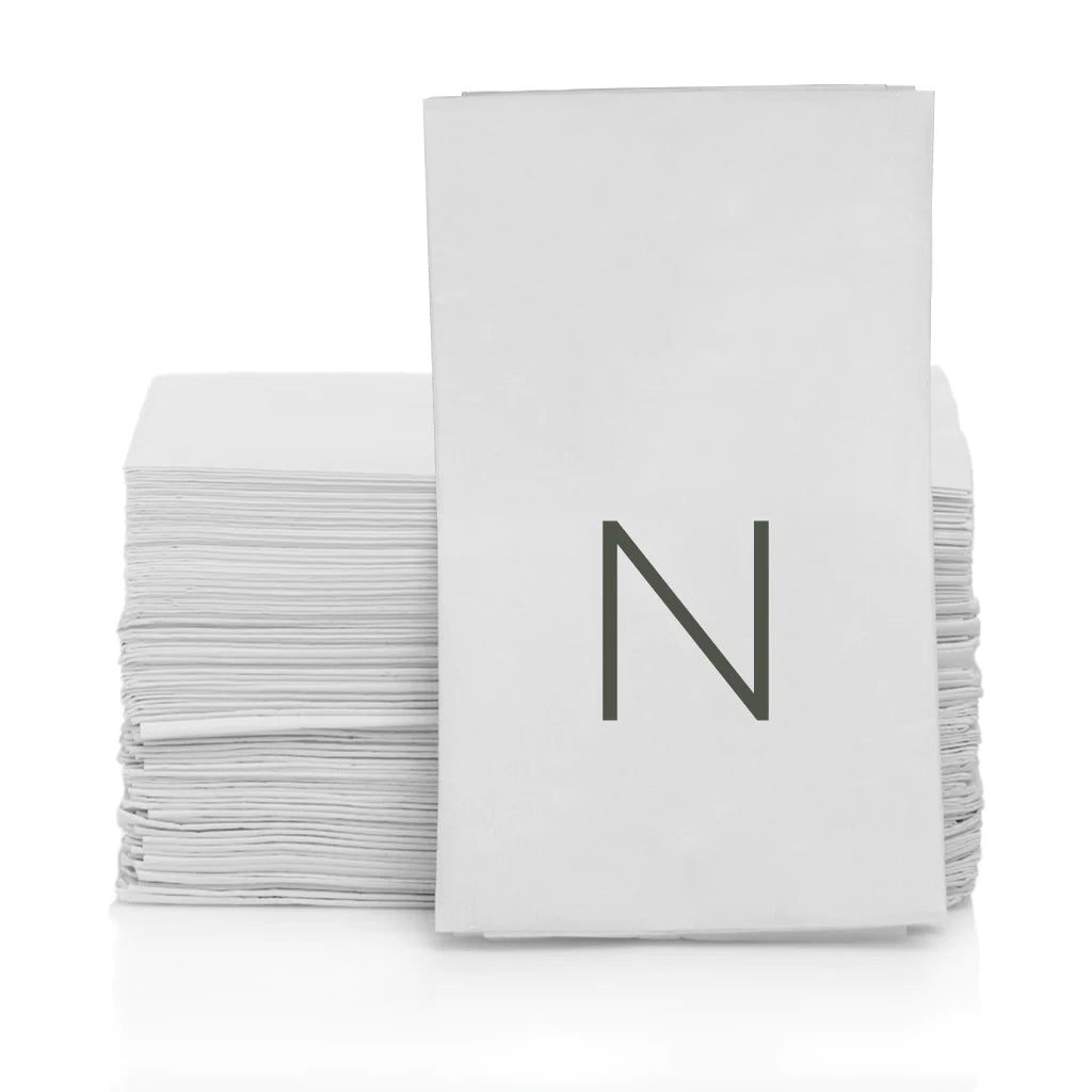 Stack of white 3-ply paper hand towels with a grey monogram letter N.