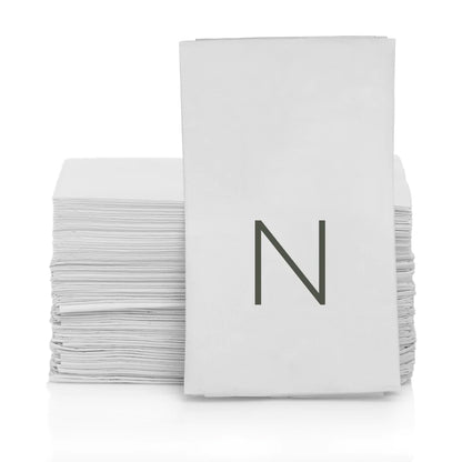 Stack of white 3-ply paper hand towels with a grey monogram letter N.
