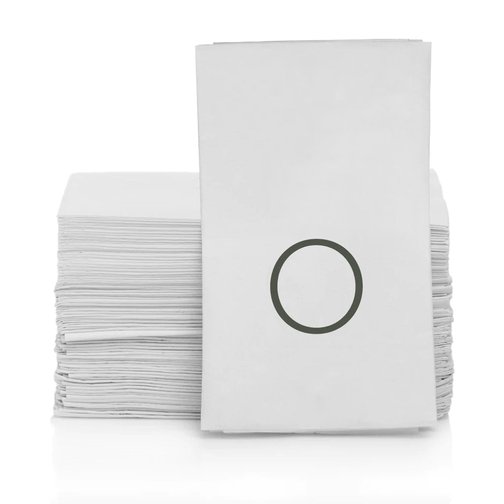 Stack of white 3-ply monogram paper hand towels with a grey letter "O" on the front.