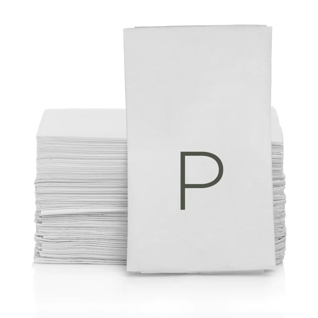Stack of white 3-ply paper hand towels with a grey letter "P" monogram.