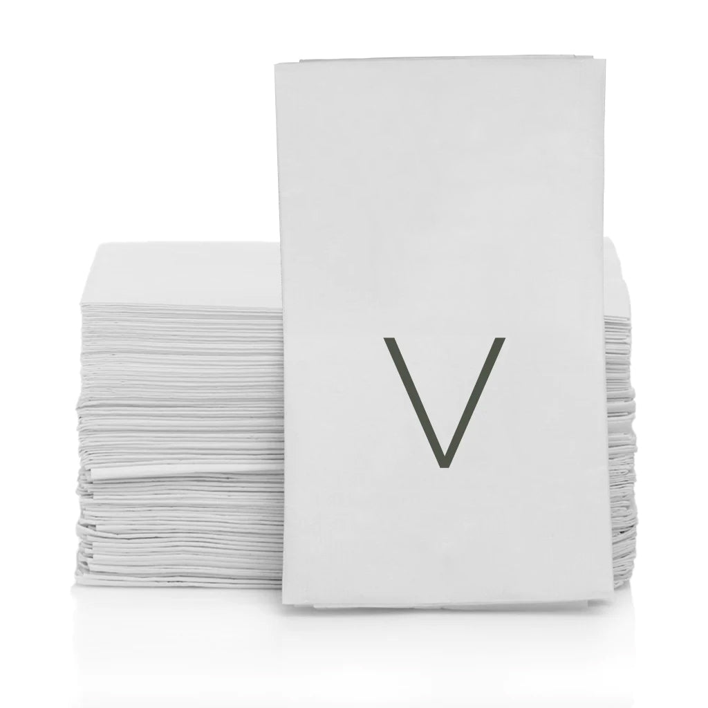 Stack of white 3-ply paper hand towels with a grey monogram letter V.