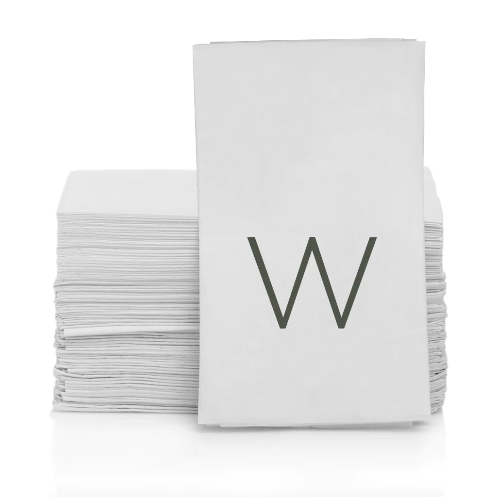 Stack of white 3-ply paper hand towels with a grey letter W monogram.