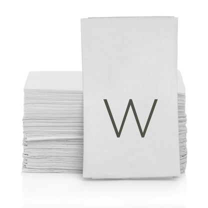 Stack of white 3-ply paper hand towels with a grey letter W monogram.