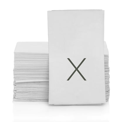 Stack of white 3-ply paper bar/hand towels with a grey monogram "X".