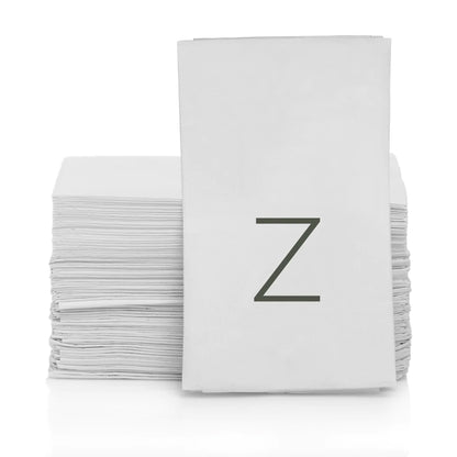 Stack of white 3-ply monogram paper hand towels with a grey letter Z.