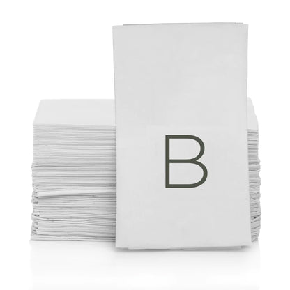 Stack of white 3-ply paper bar/hand towels with a grey monogram letter B.