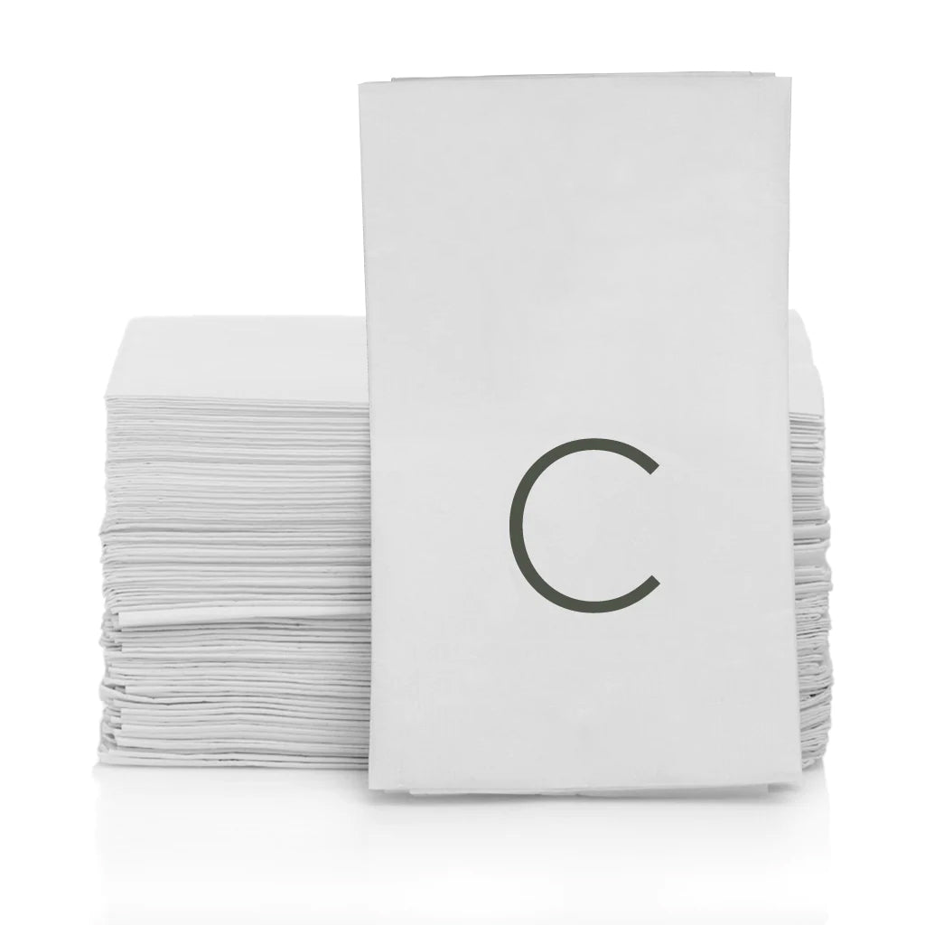 Stack of white 3-ply paper hand towels with a grey letter "C" monogram.