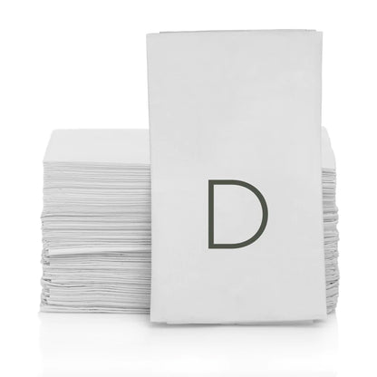 Stack of white 3-ply monogram paper hand towels with a grey letter D.