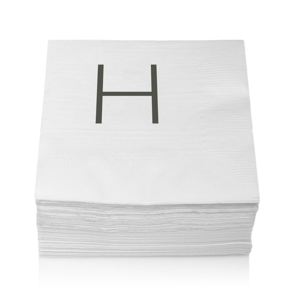 Stack of white 3-ply paper cocktail napkins with a grey sans-serif "H" monogram.