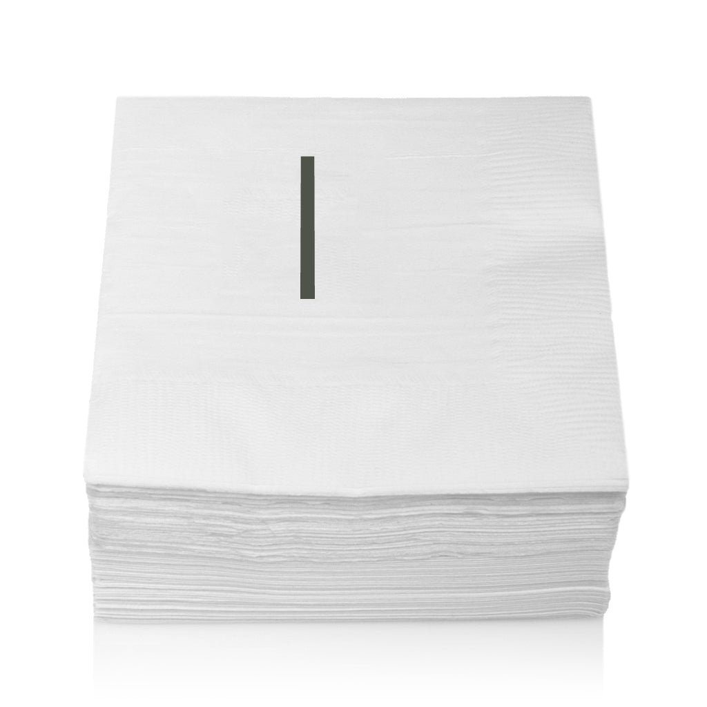 Stack of white 3-ply paper cocktail napkins with a grey sans-serif monogram "I".