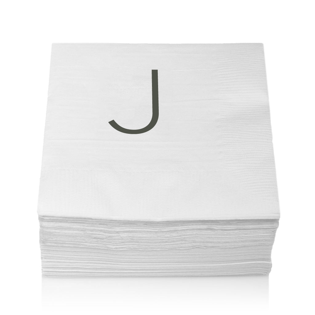 Stack of white 3-ply paper cocktail napkins with a grey sans-serif "J" monogram.