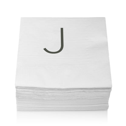 Stack of white 3-ply paper cocktail napkins with a grey sans-serif "J" monogram.