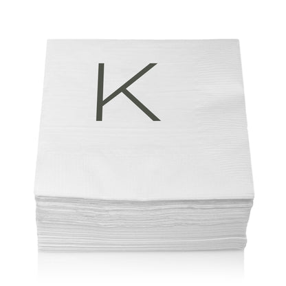 Stack of white 3-ply paper cocktail napkins with a grey sans-serif letter "K" monogram.
