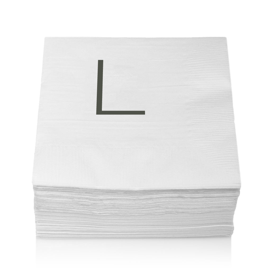 Stack of white 3-ply paper cocktail napkins with a grey sans-serif "L" monogram, 5.5" square.