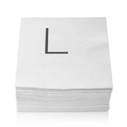 Stack of white 3-ply paper cocktail napkins with a grey sans-serif "L" monogram, 5.5" square.