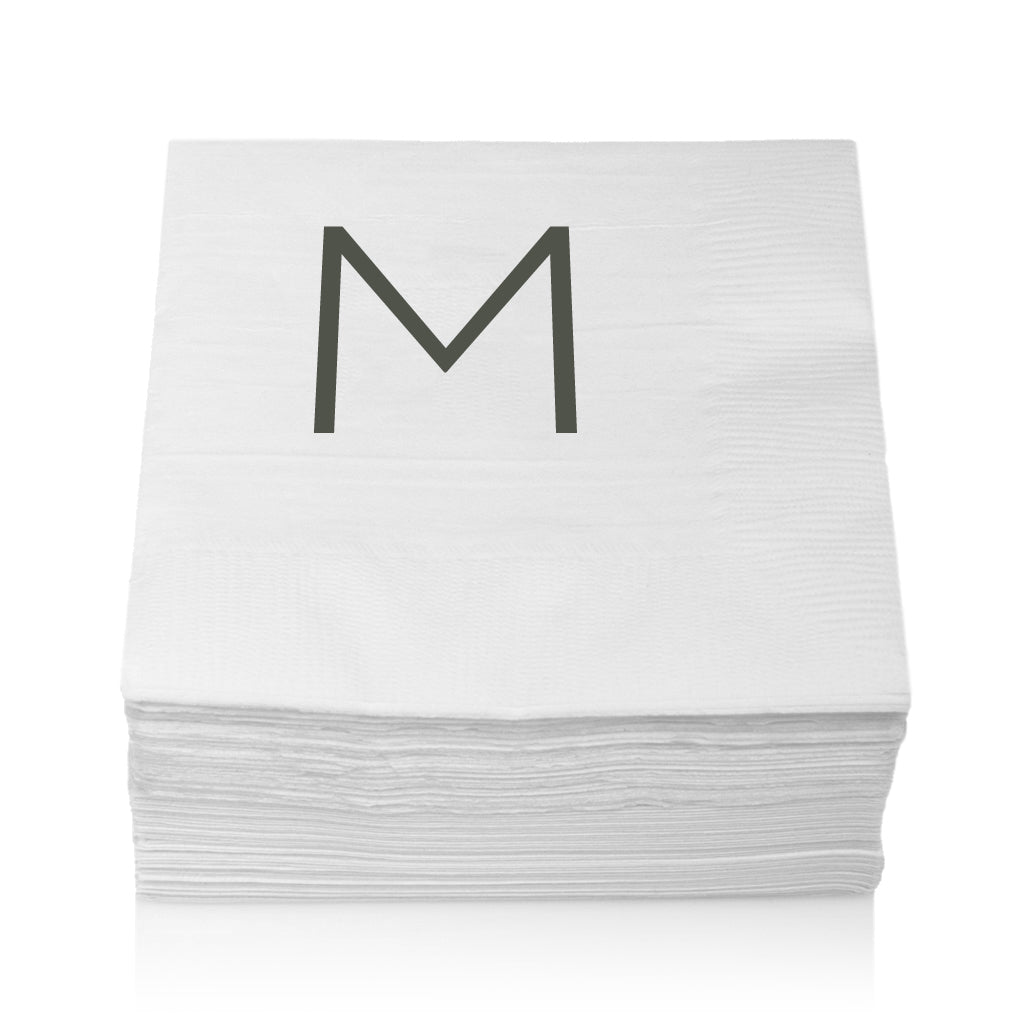 Stack of white 3-ply paper cocktail napkins with a grey sans-serif "M" monogram.