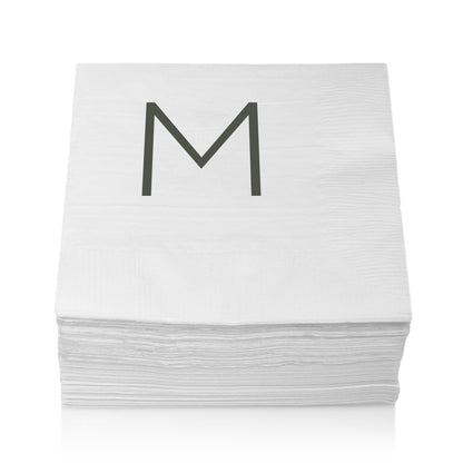 Stack of white 3-ply paper cocktail napkins with a grey sans-serif "M" monogram.