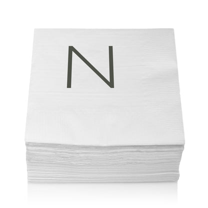 Stack of white 3-ply paper cocktail napkins with a grey sans-serif letter "N" monogram.