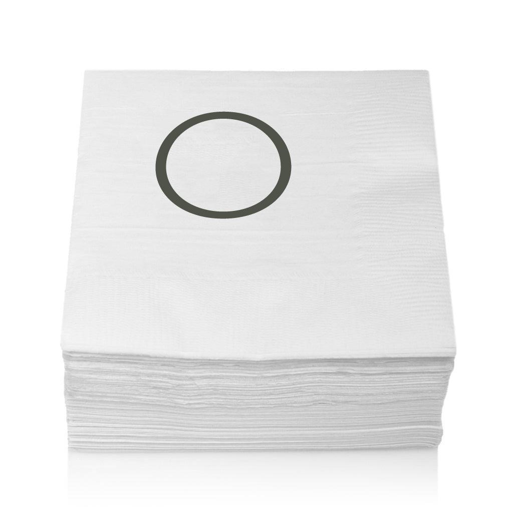 Stack of white 3-ply paper cocktail napkins with a grey sans-serif monogram circle.