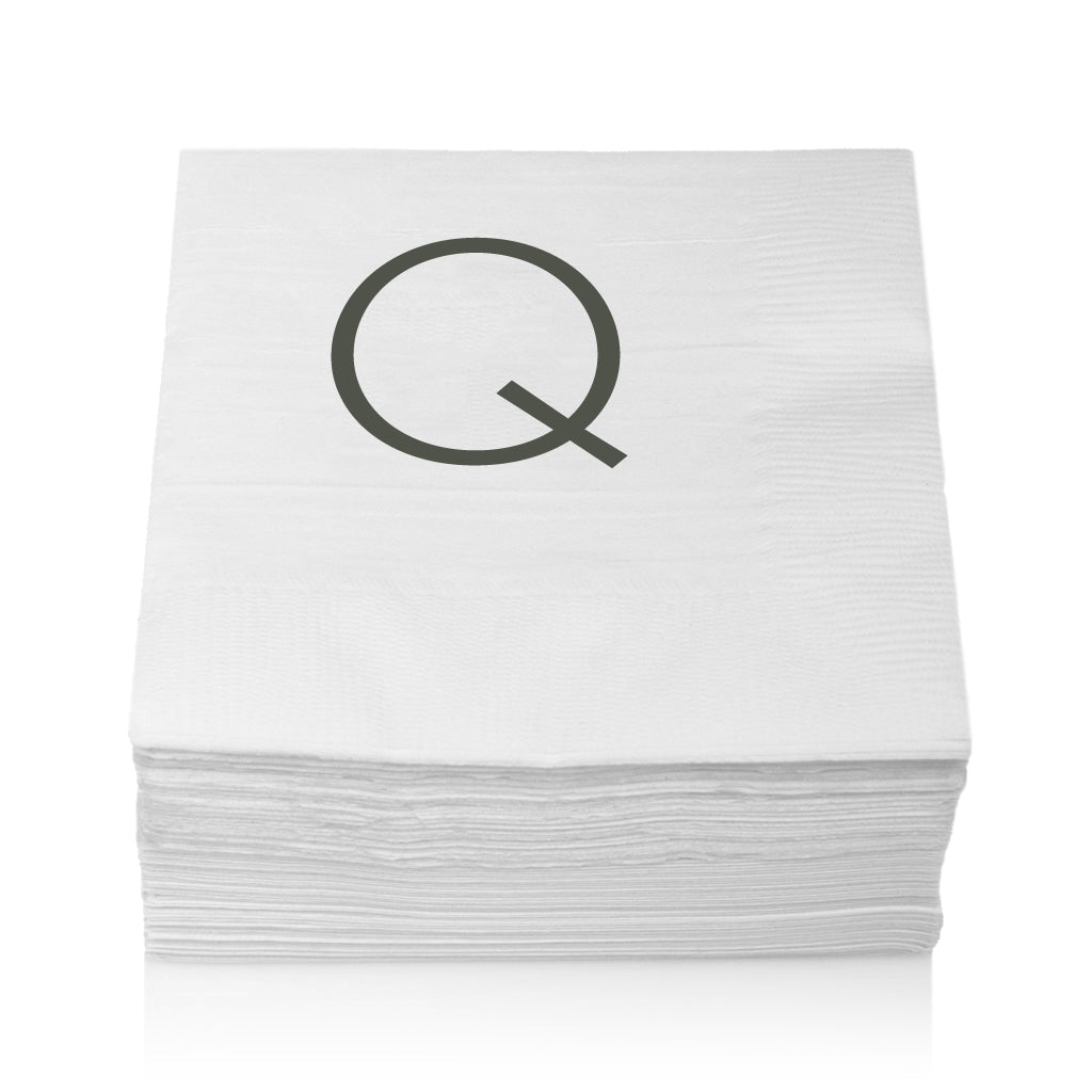 Stack of white 3-ply paper cocktail napkins with a grey sans-serif letter "Q" monogram.