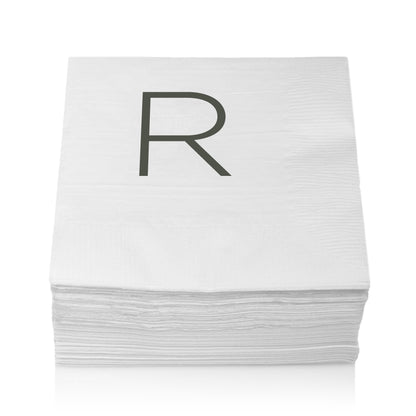 Stack of white 3-ply paper cocktail napkins with a grey sans-serif letter "R" monogram.