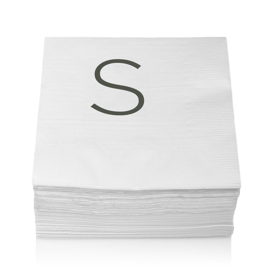 Stack of white 3-ply paper cocktail napkins with a grey sans-serif letter "S" monogram.