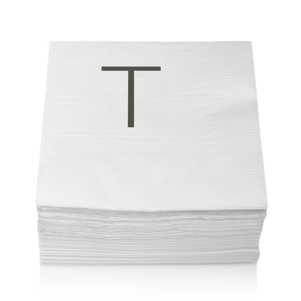 Stack of white 3-ply paper cocktail napkins with a grey sans-serif "T" monogram.