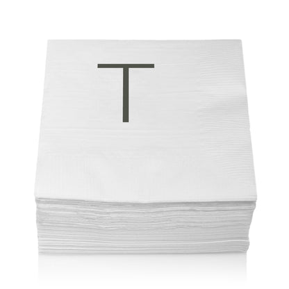 Stack of white 3-ply paper cocktail napkins with a grey sans-serif "T" monogram.