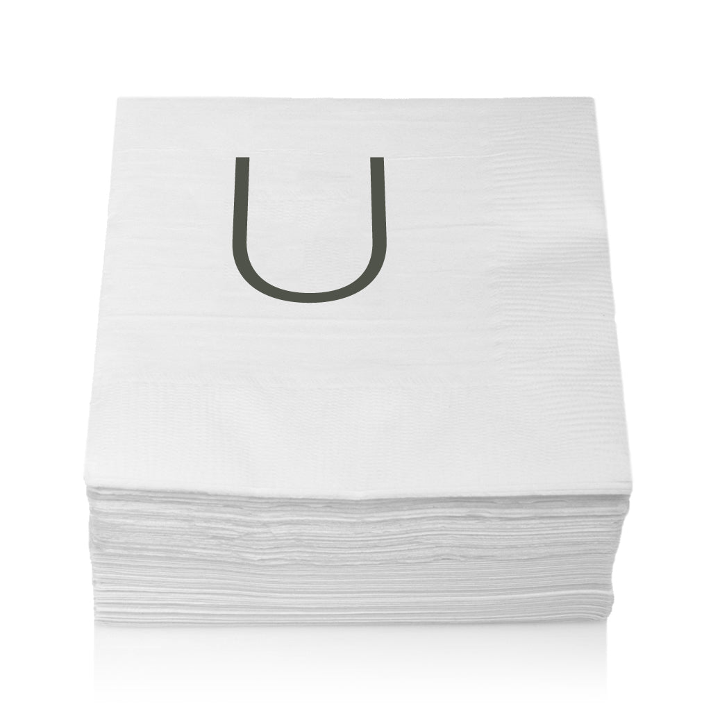Stack of white 3-ply paper cocktail napkins with a grey sans-serif letter "U" monogram.
