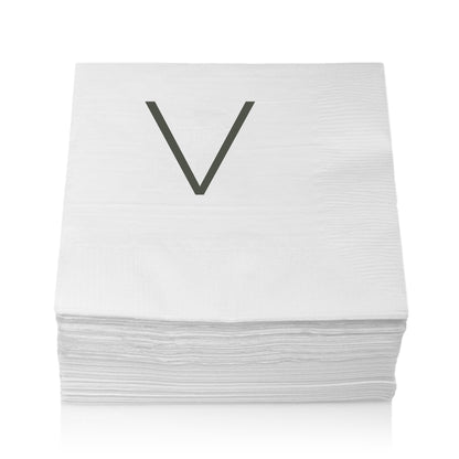 Stack of white 3-ply paper cocktail napkins with a grey sans-serif letter "V" monogram.