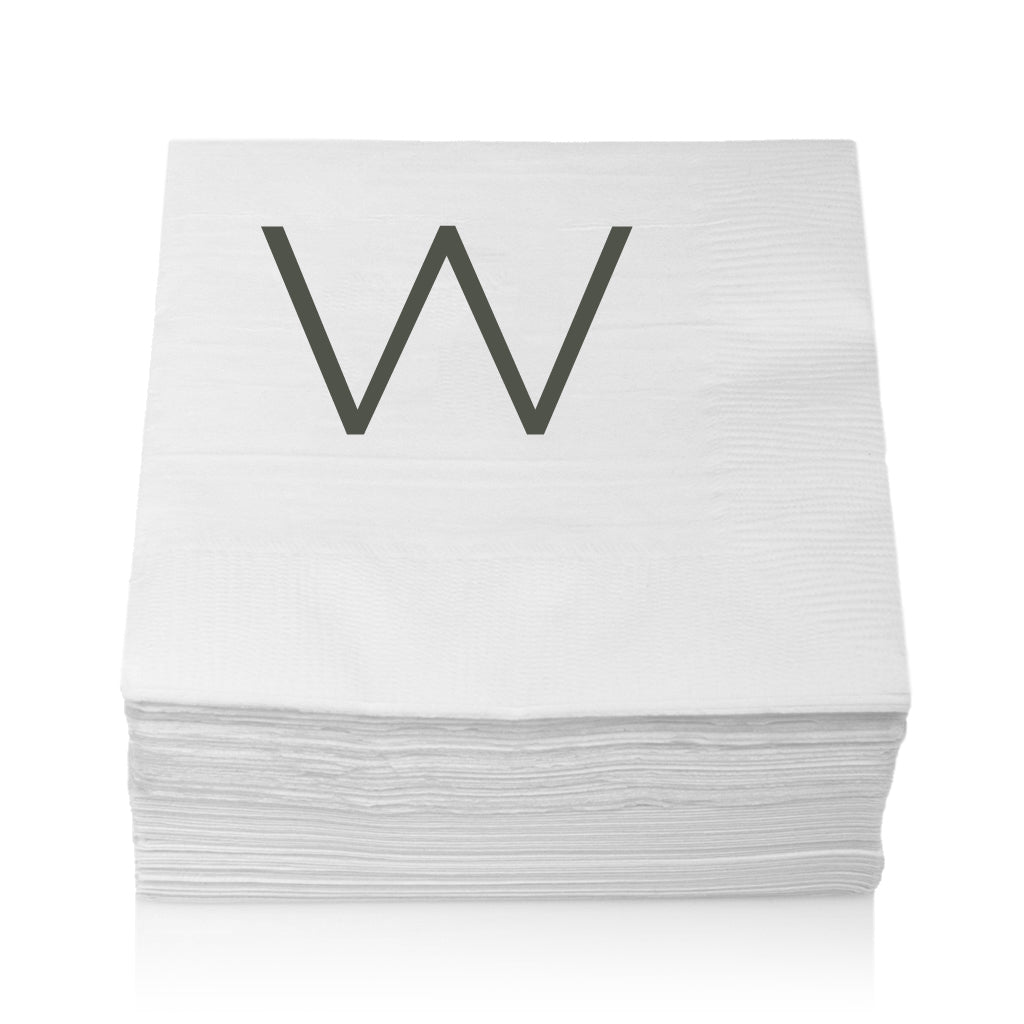 Stack of white 3-ply paper cocktail napkins with a grey sans-serif "W" monogram.