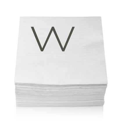 Stack of white 3-ply paper cocktail napkins with a grey sans-serif "W" monogram.