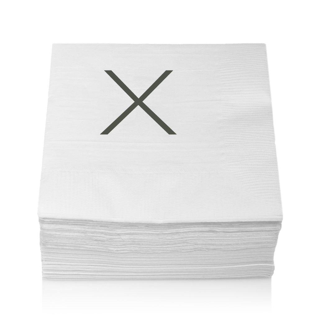 Stack of white 3-ply paper cocktail napkins with a grey sans-serif "X" monogram.