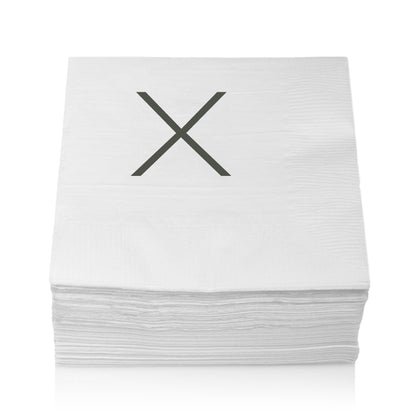 Stack of white 3-ply paper cocktail napkins with a grey sans-serif "X" monogram.