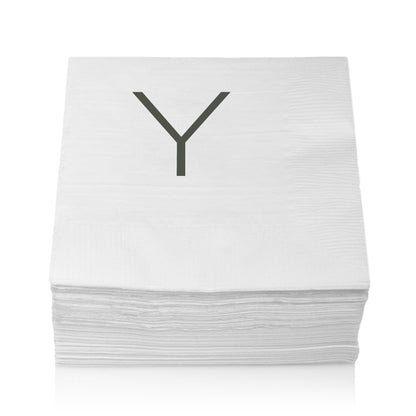 Stack of white 5.5" square 3-ply paper cocktail napkins with a grey sans-serif "Y" monogram.