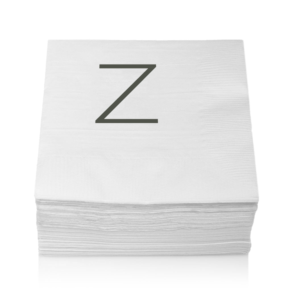 Stack of white 3-ply paper cocktail napkins with a grey sans-serif letter Z monogram, 5.5" square.