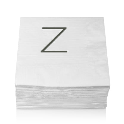 Stack of white 3-ply paper cocktail napkins with a grey sans-serif letter Z monogram, 5.5" square.