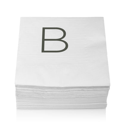 Stack of white 3-ply paper cocktail napkins with a grey sans-serif monogram "B".
